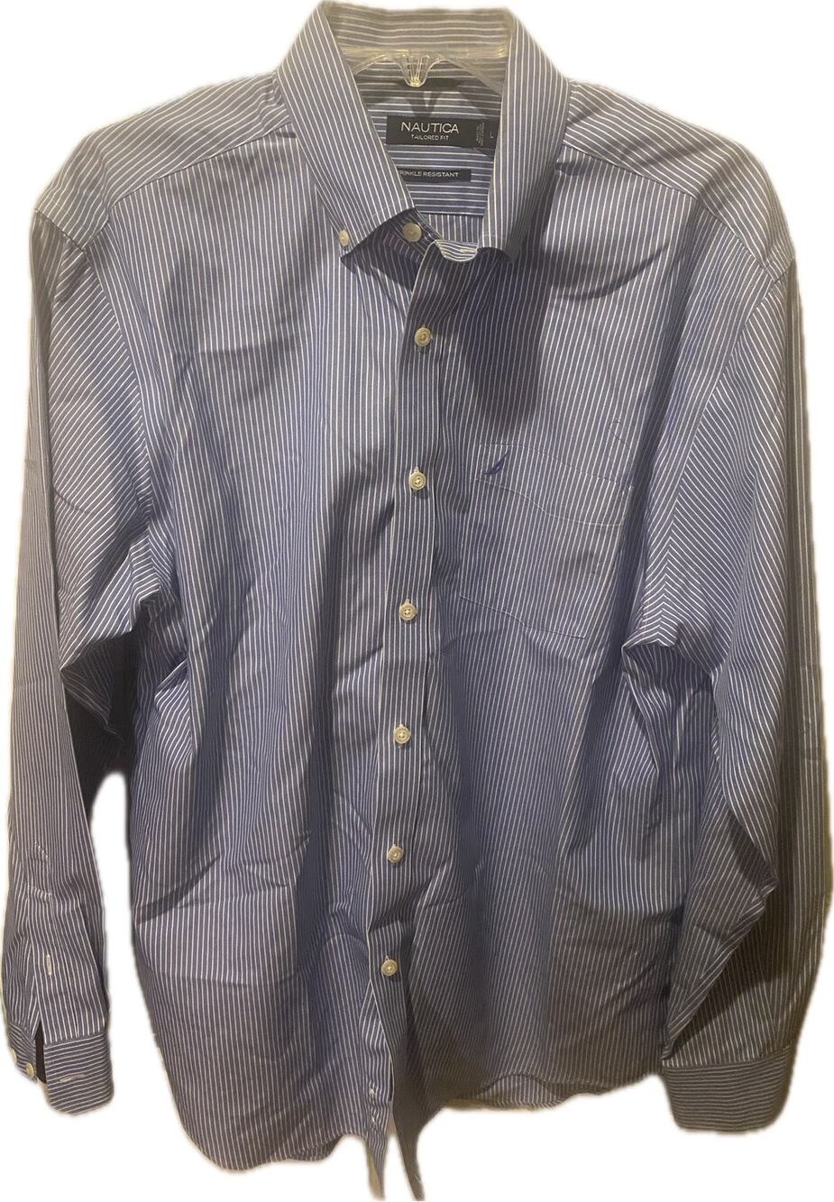 Nautica Wrinkle Resistant Button Down Shirt Men's Size L Blue Pinstripe